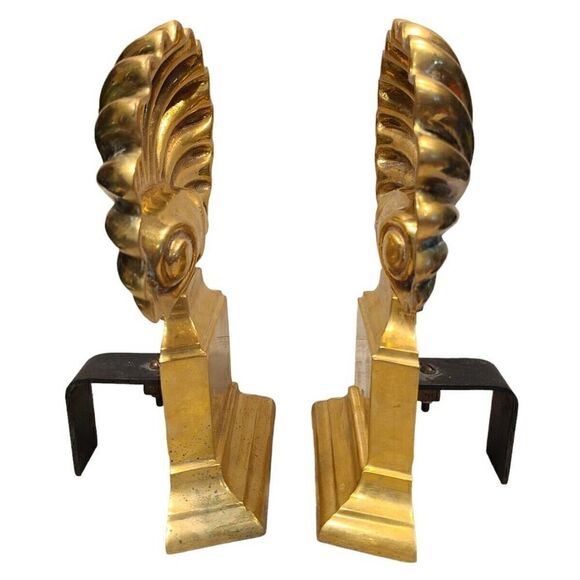 Vintage 12" Brass Art Deco Hollywood Regency Andirons Shell Motif Fireplace EUC - Picture 4 of 10